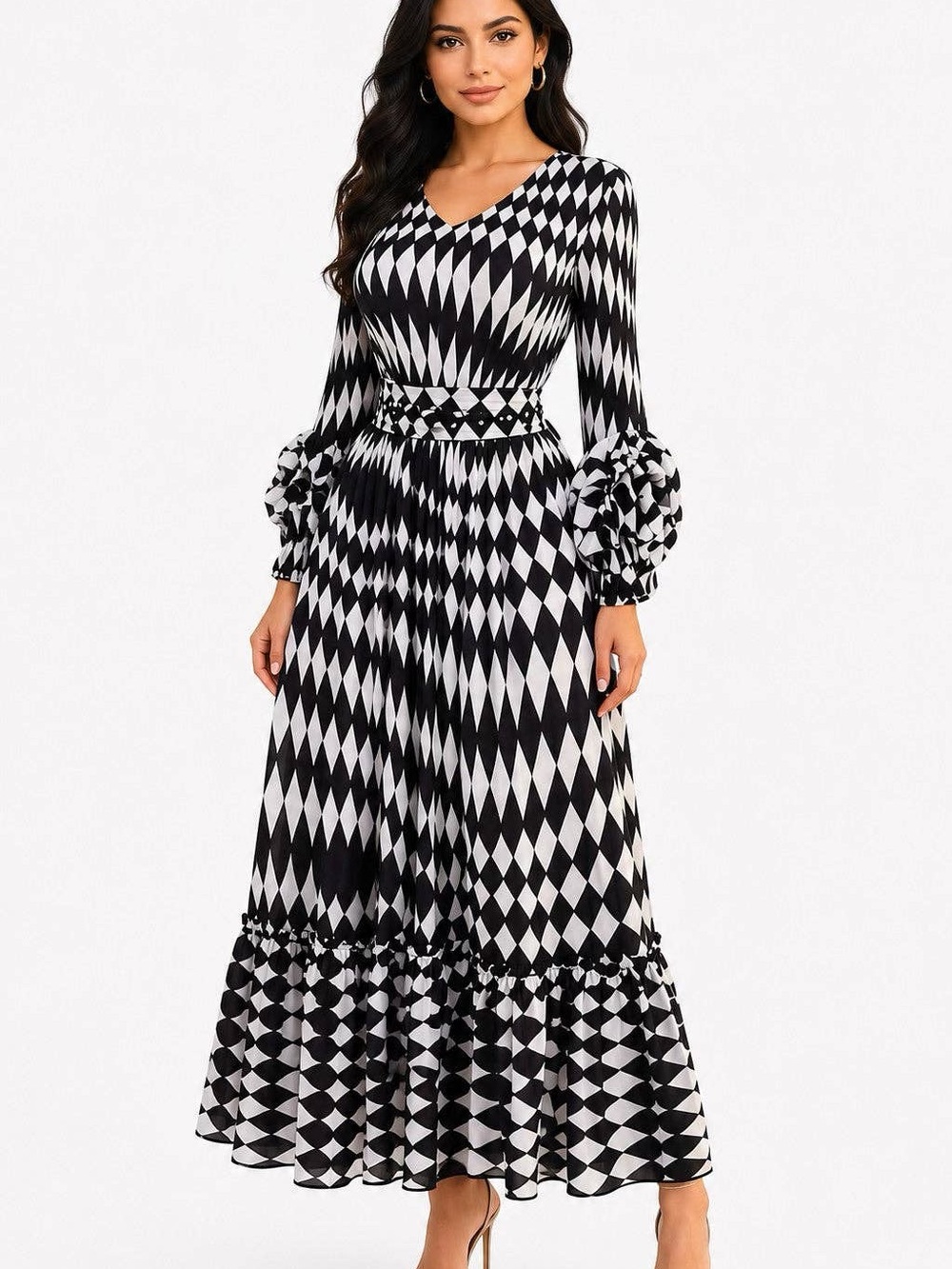 Black & White Harlequin-Print Long Sleeve Maxi Dress with Ruffle Details